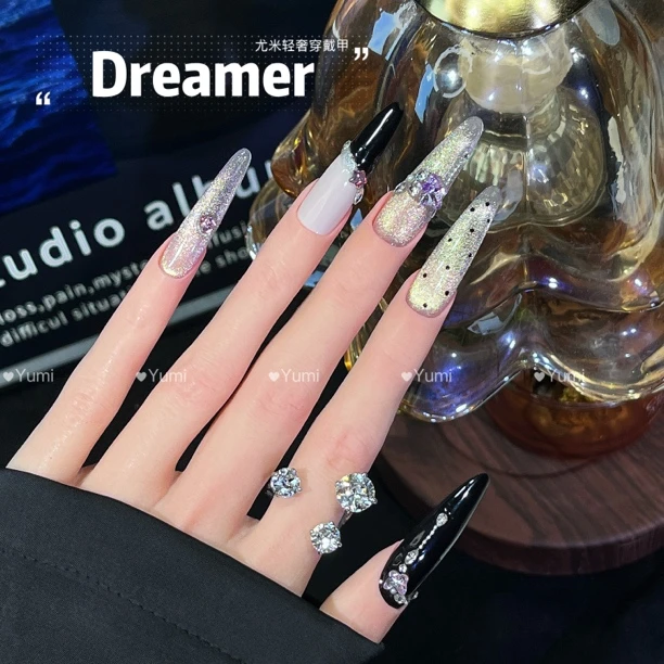 【甜酷辣妹】暗黑千金风爆闪猫眼不规则斜法式碎钻手工穿戴甲