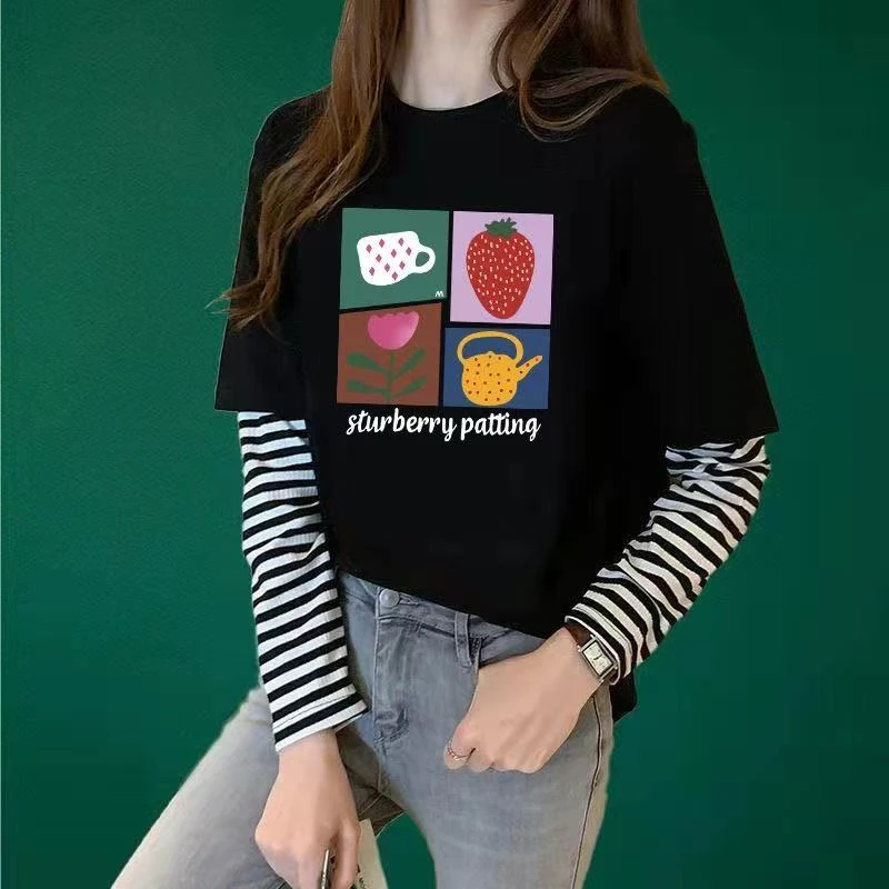 黑色印花假两件打底衫卡通长袖T恤女2025秋新款条纹内搭纯棉上衣