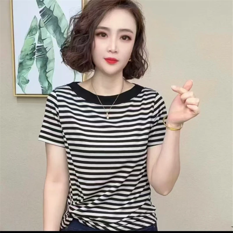 印花洋气百搭t恤短袖时尚圆领一字领气质纯色T恤针织显瘦修身