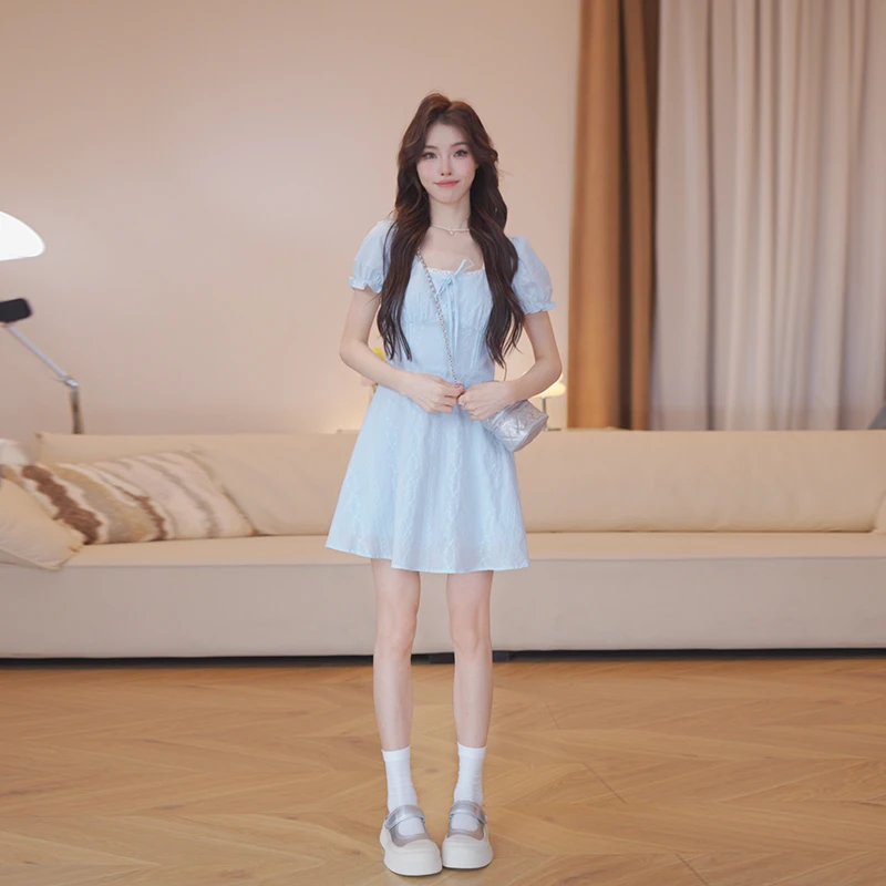 曾小咸 温柔短袖连衣裙泡泡袖碎花气质夏季方领裙子Z252LQF9247