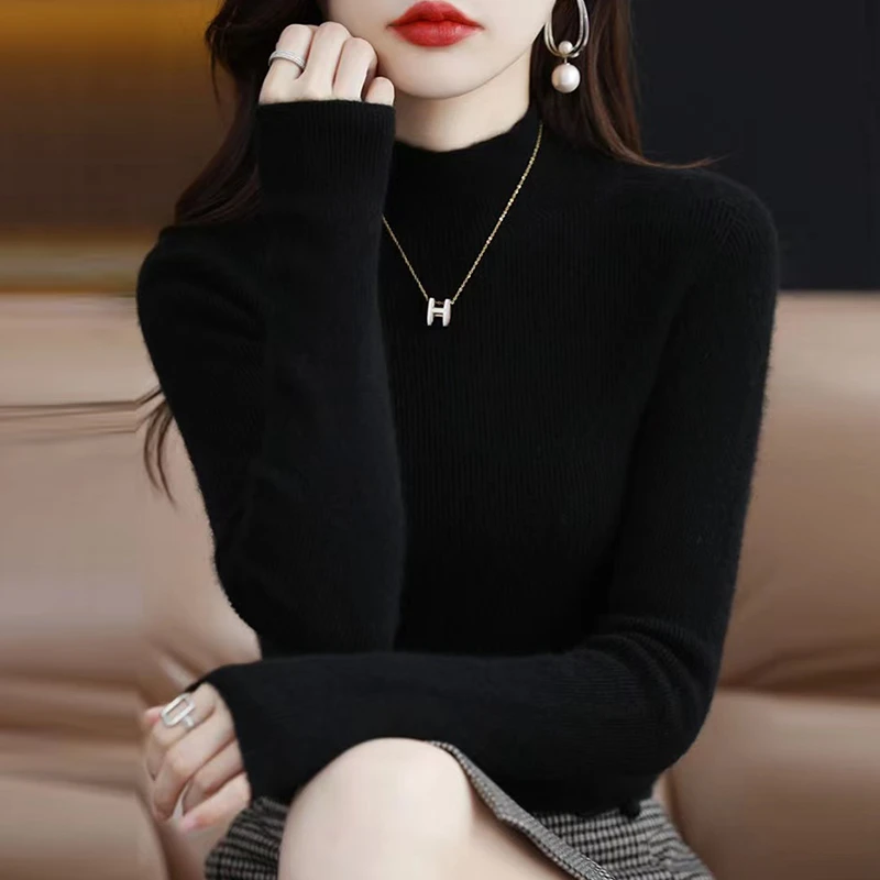 半高领100纯羊绒衫女士秋冬新款修身显瘦羊毛打底衫加厚针织毛衣