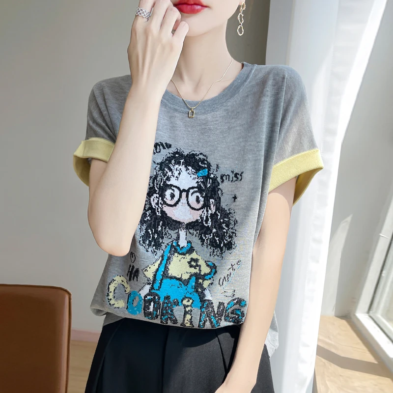 夏季新款竹节麻卷发眼镜女孩针织短袖洋气百搭时尚显瘦凉爽透气衫