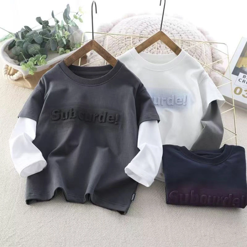 儿童春夏新款字母钢印假两件长袖T恤中大童男童打底衫23QS02