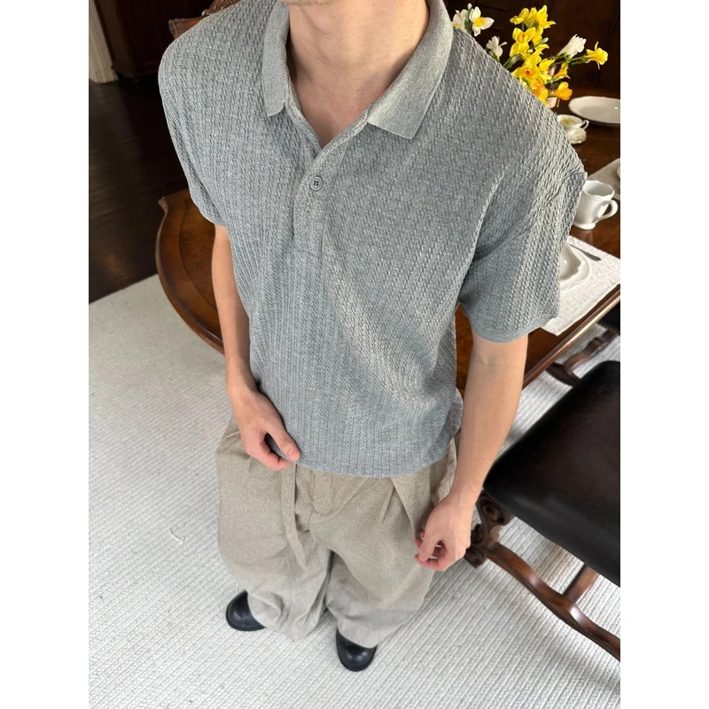 【EME】 夏季新款静奢质感竖条浮雕亨利领Polo短袖T恤Cleanfit简约