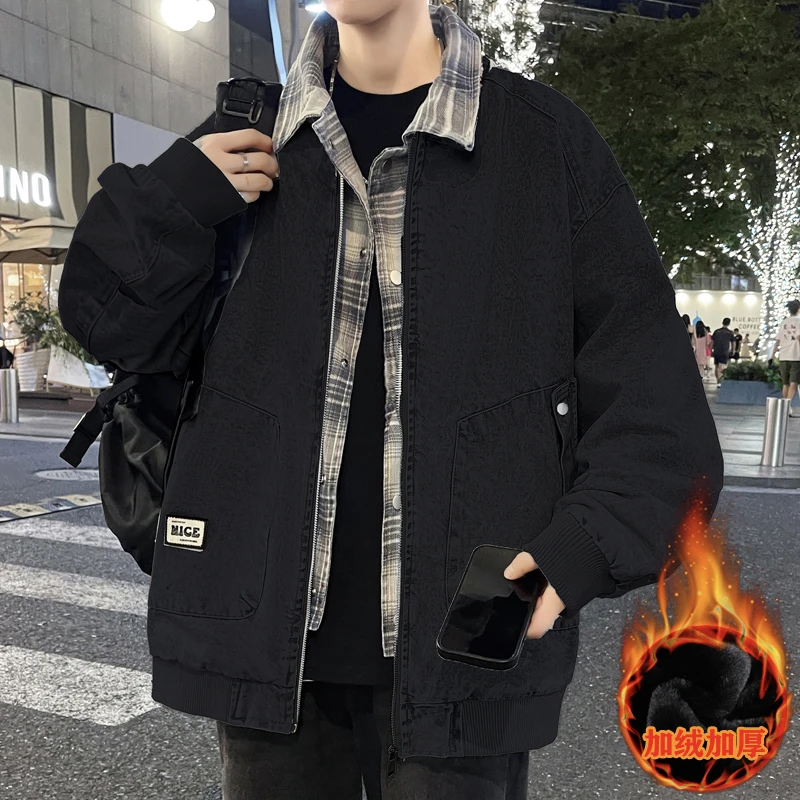 水洗牛仔外套男秋冬季假两件加绒加厚夹克男生痞帅宽松青少年上衣