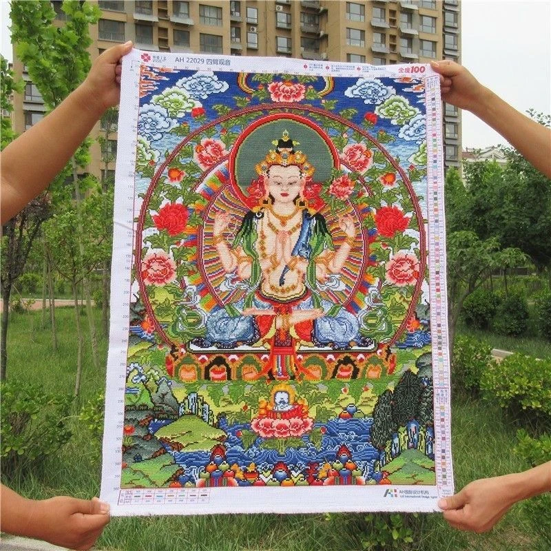 纯手工十字绣成品四臂观音唐卡