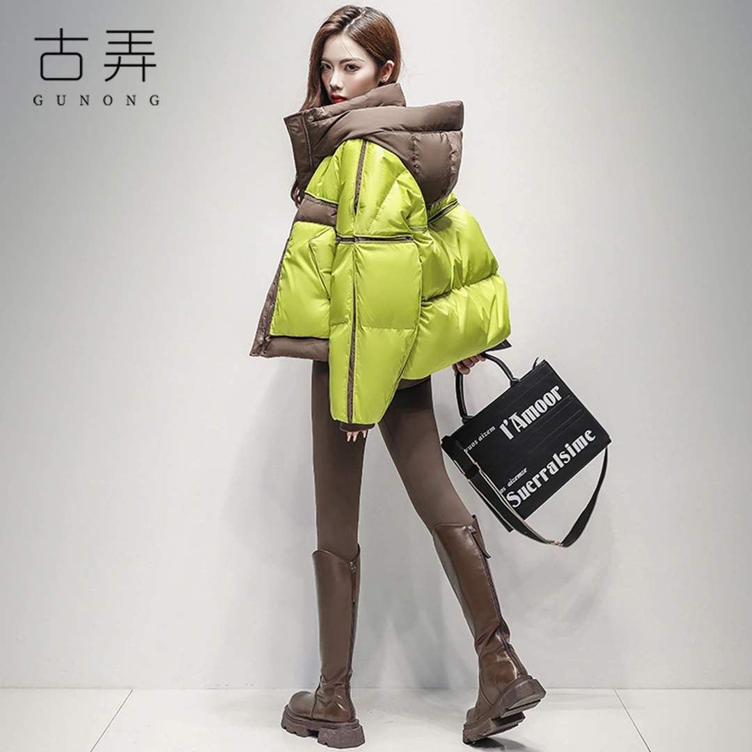 潮牌短款时尚撞色连帽羽绒服2025冬季新款小个子休闲防风保暖外套