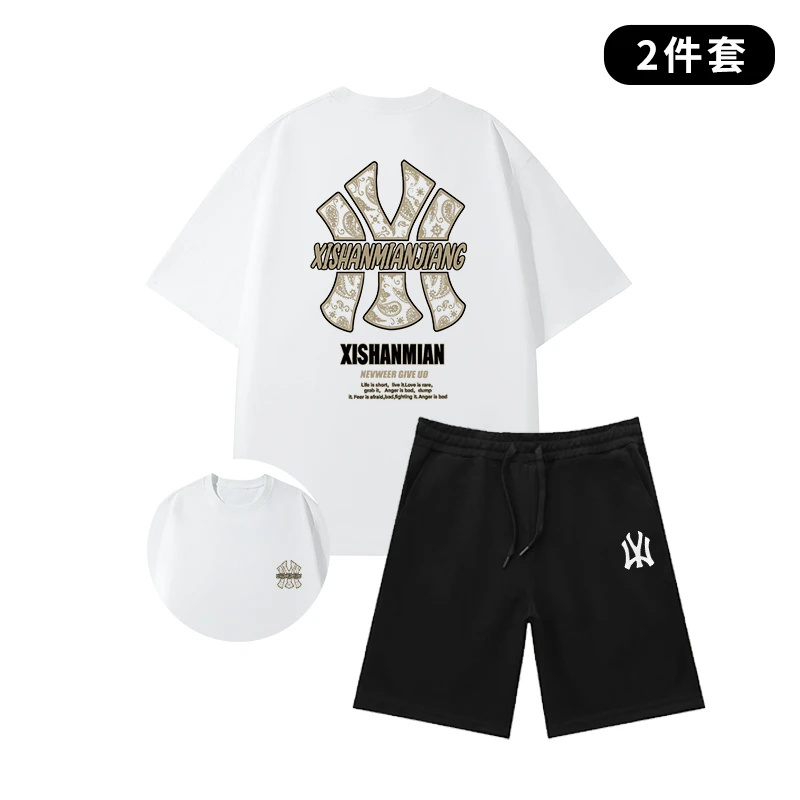 美式重磅休闲短袖t恤套装男款2025夏季新款潮流时尚两件套