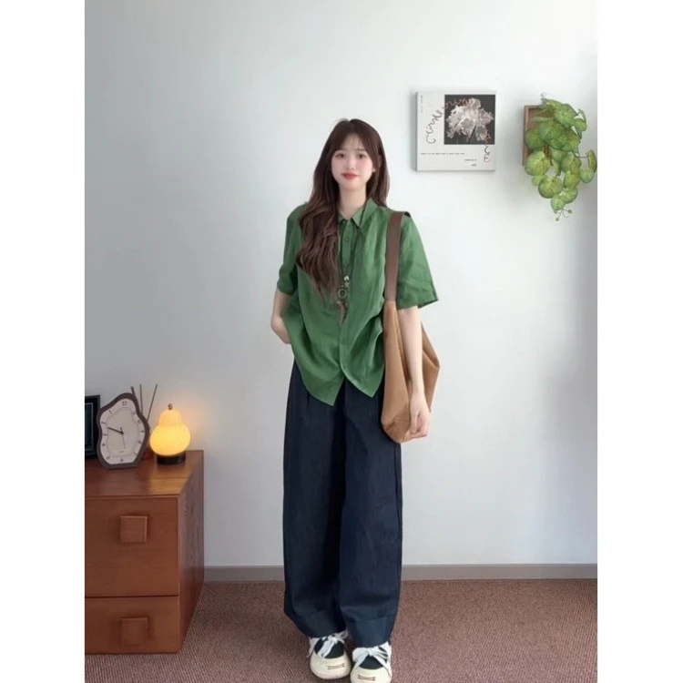 【BWBR】夏季薄款短袖衬衫女日系文艺小个子百搭亚麻绿色小众上衣