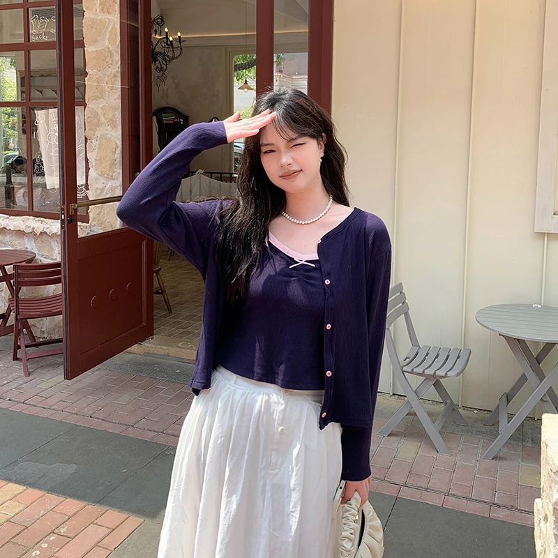 YUZI/鱼子夏季街头风短款时尚套装薄款辣妹风针织轻熟风外搭宽松