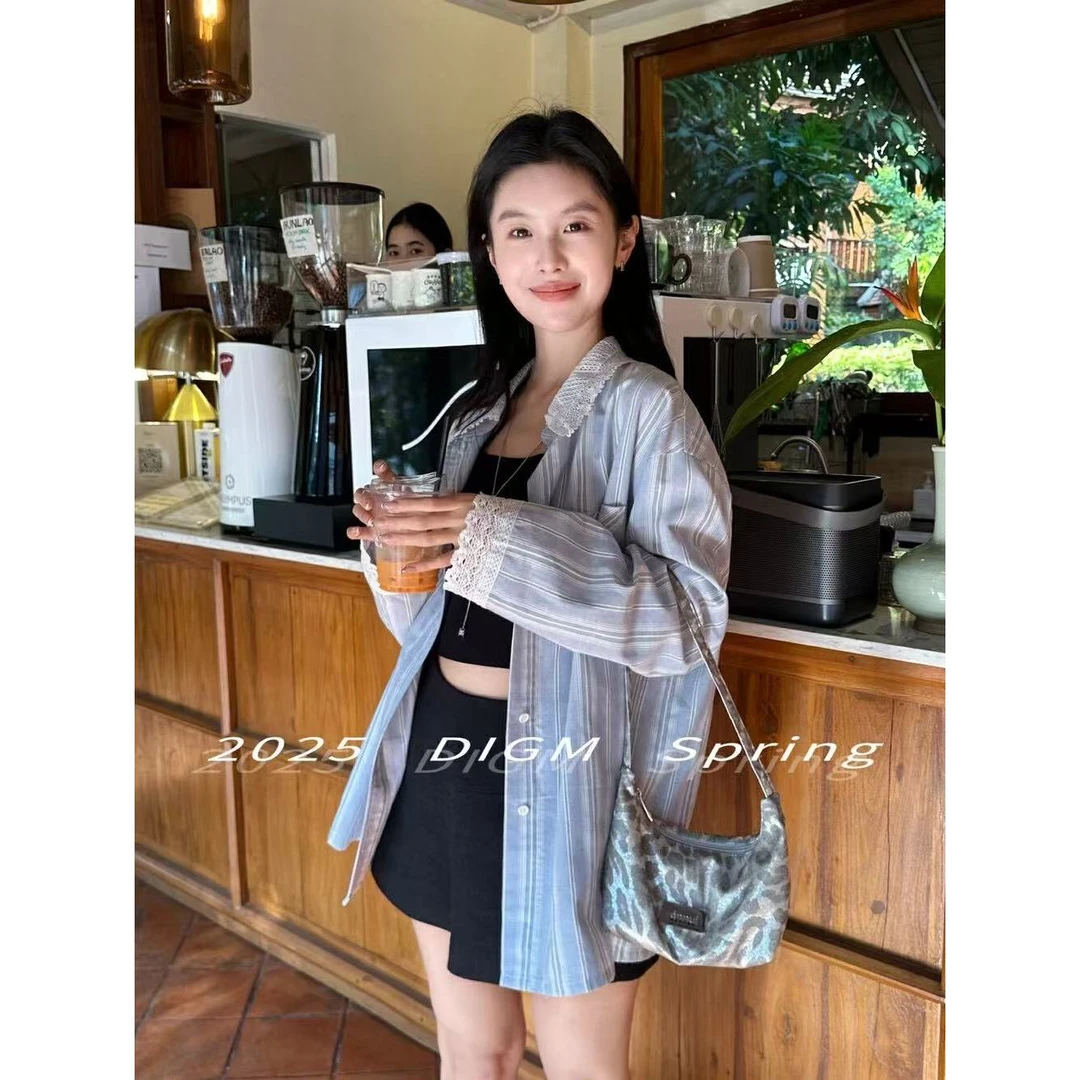 L-9765#韩系时尚气质蕾丝拼接条纹设计宽松显瘦衬衫