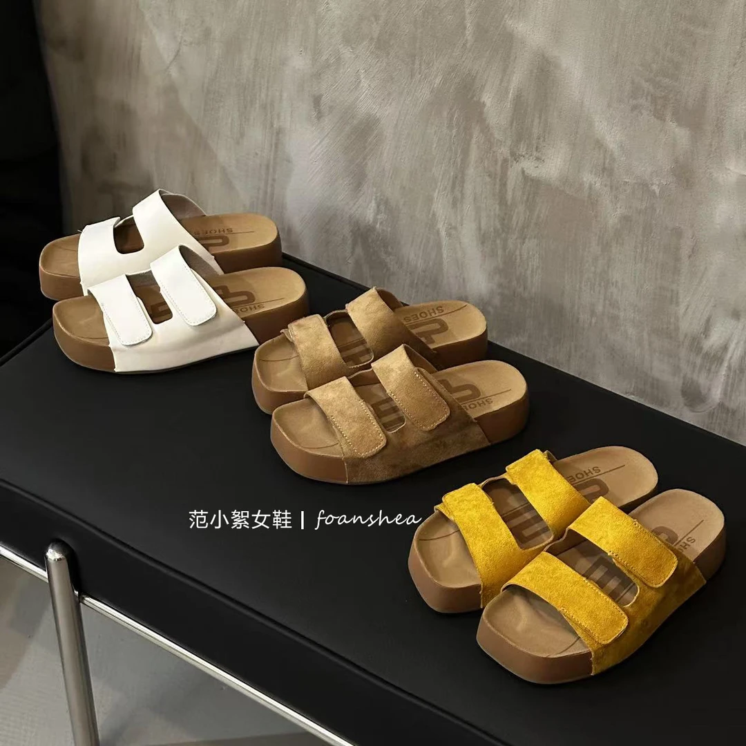 厚底增高夏季一字拖百搭时尚高跟沙滩鞋复古魔术贴吐司勃肯鞋