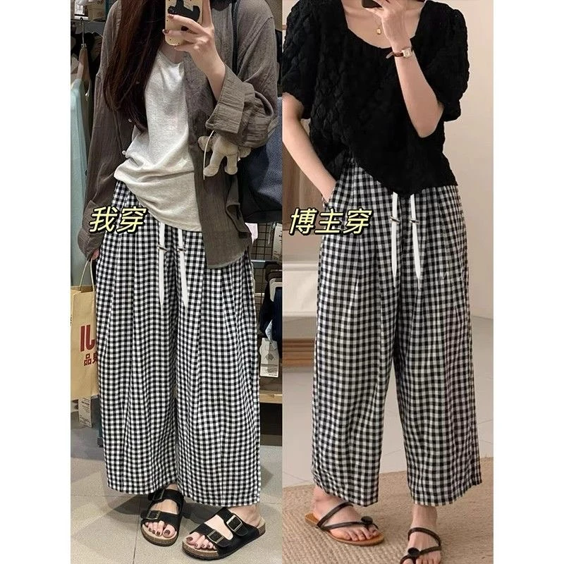 黑白格孕妇裤子夏季薄款阔腿休闲裤格纹透气慵懒松弛感九分裤子女
