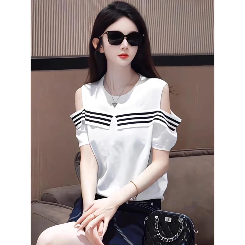 欧货时尚条纹露肩撞色短袖T恤女夏季韩系宽显瘦别致爆款ins上衣