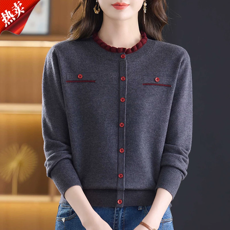 【原版正品】羊毛衫女小香风毛衣秋冬新款木耳边半高领套头针织上衣