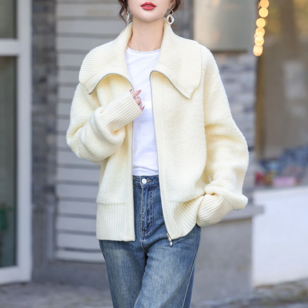 100 羊毛开衫女正品大翻领双拉链新款圈圈气质上班族女装冬季外套