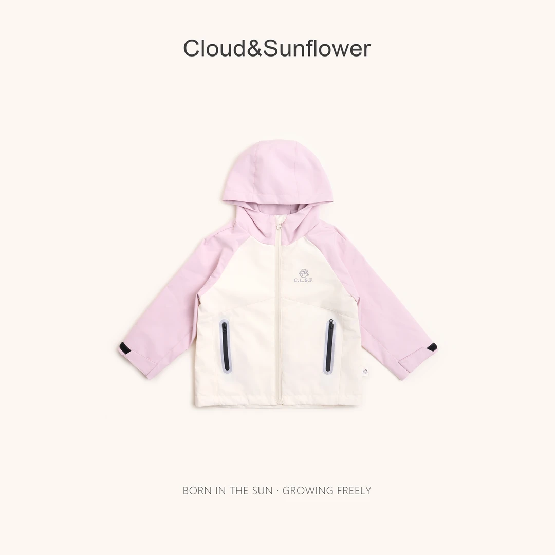 【云朵小葵】女童秋季新款插肩小熊印花连帽拉链冲锋衣882218