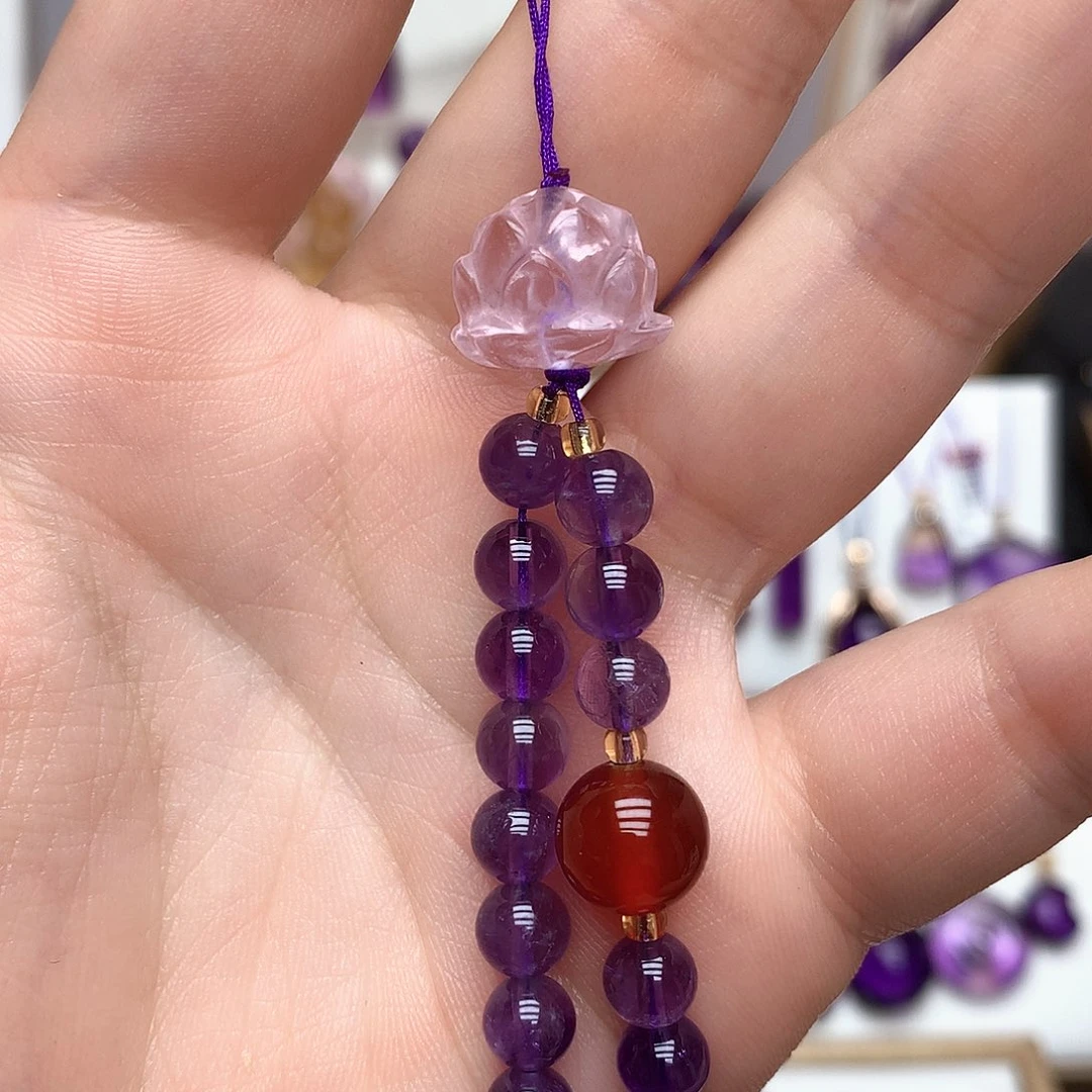 紫晶珠宝半成品未镶嵌L 粉莲花手机挂件