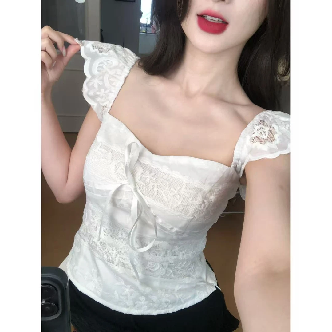 【12YE】纯欲风刺绣镂空一字领花边泡泡袖抹胸上衣 T1040