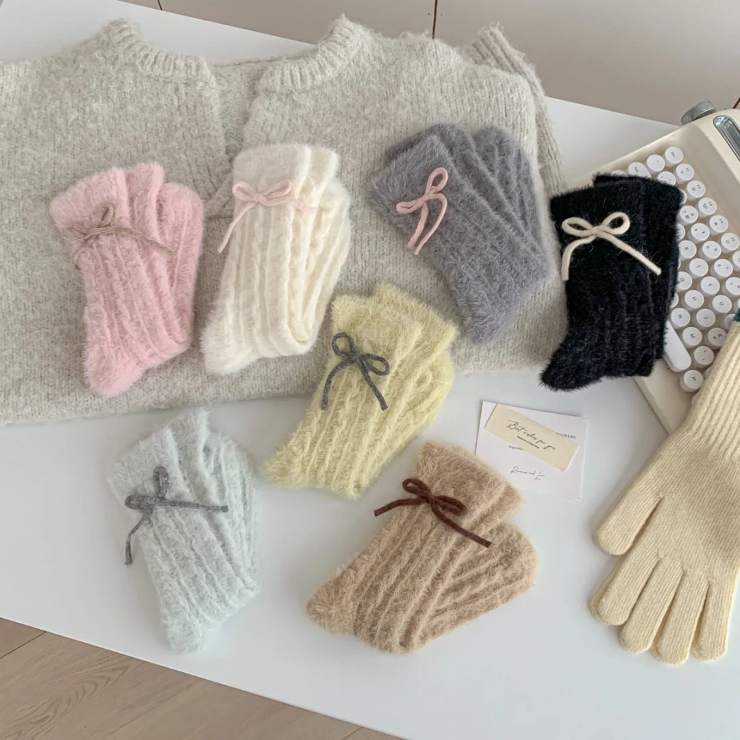 25秋冬新款貂绒蝴蝶结女士袜子 日系冬季麻花加厚中筒袜子