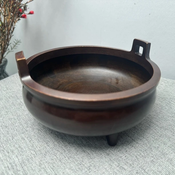 铜器摆件香炉三足家用黄铜素面15口经