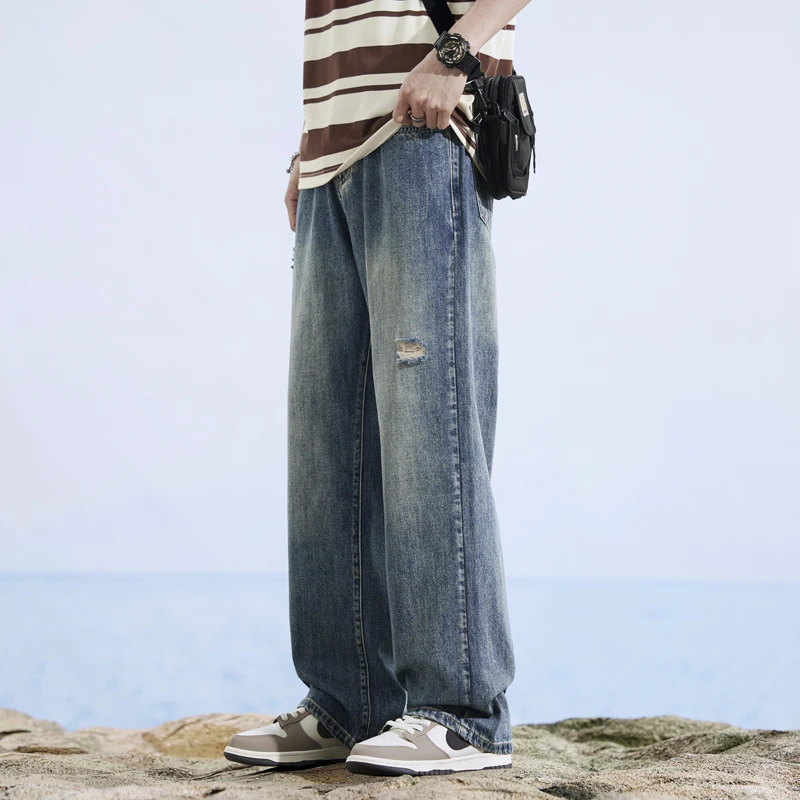 百搭男裤子夏季时尚宽松冰丝薄款商务休闲中年牛仔裤男款高端水洗