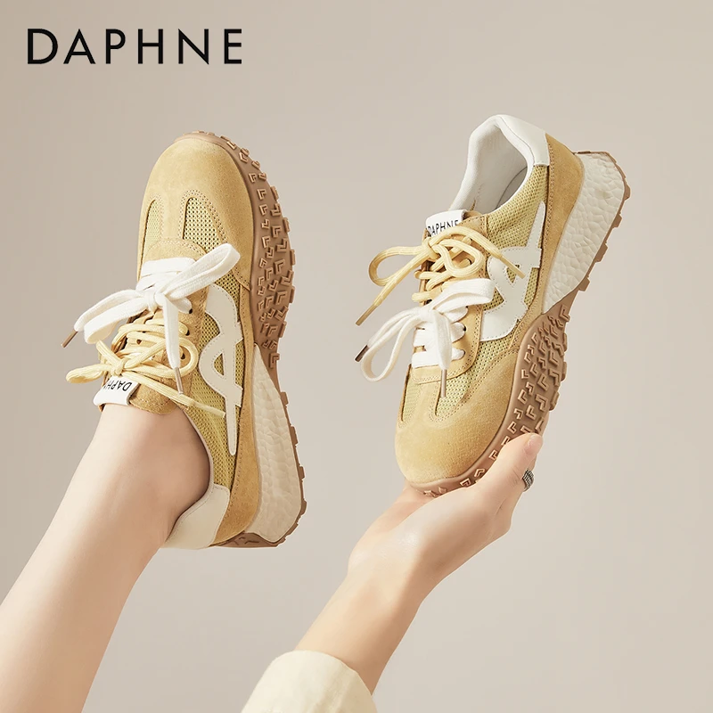 达芙妮厚底真皮德训鞋女2025夏季新款爆款复古网面透气休闲运动鞋