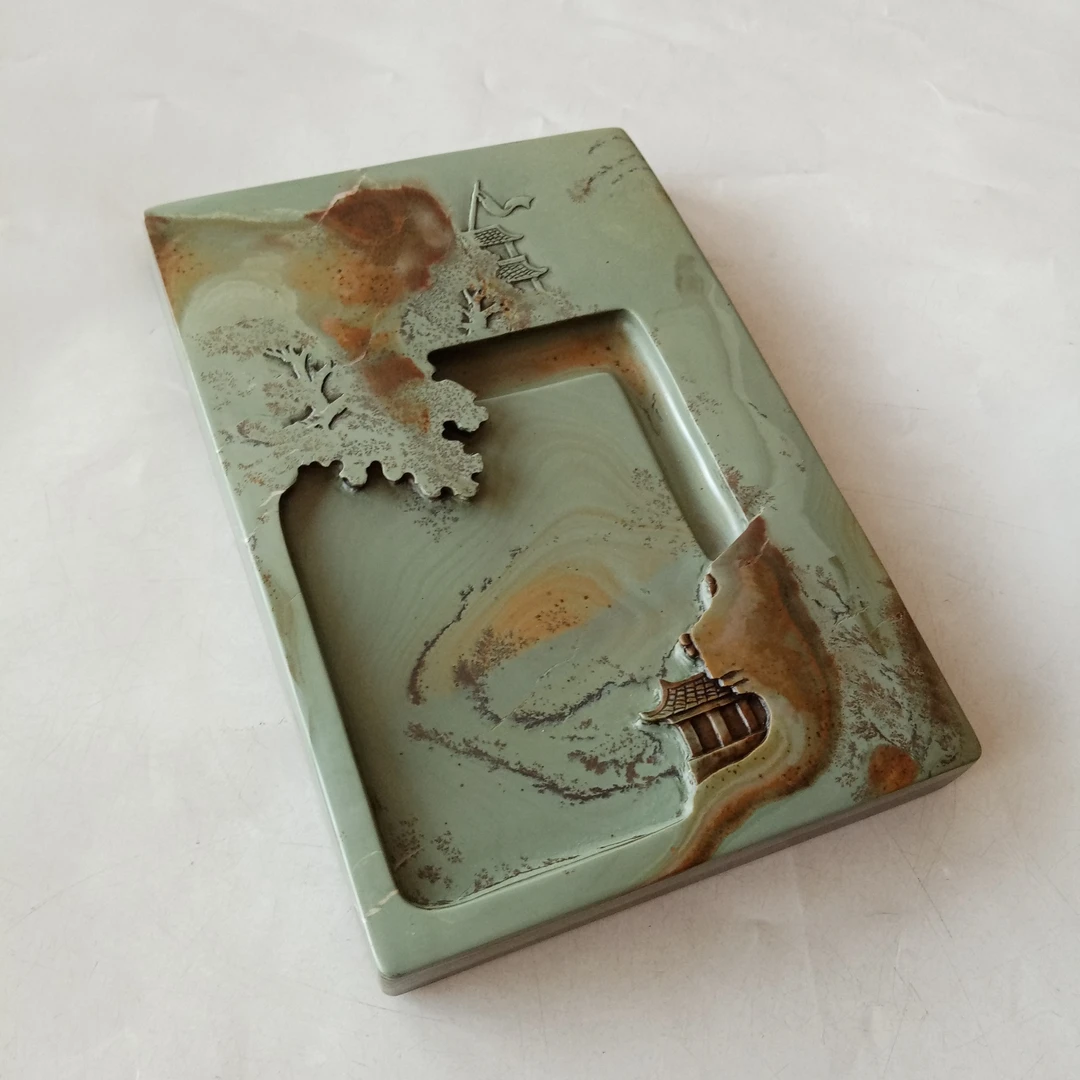 7寸长方形老坑原石书法礼品绘山水歙砚文房用品砚台砚台书法专用