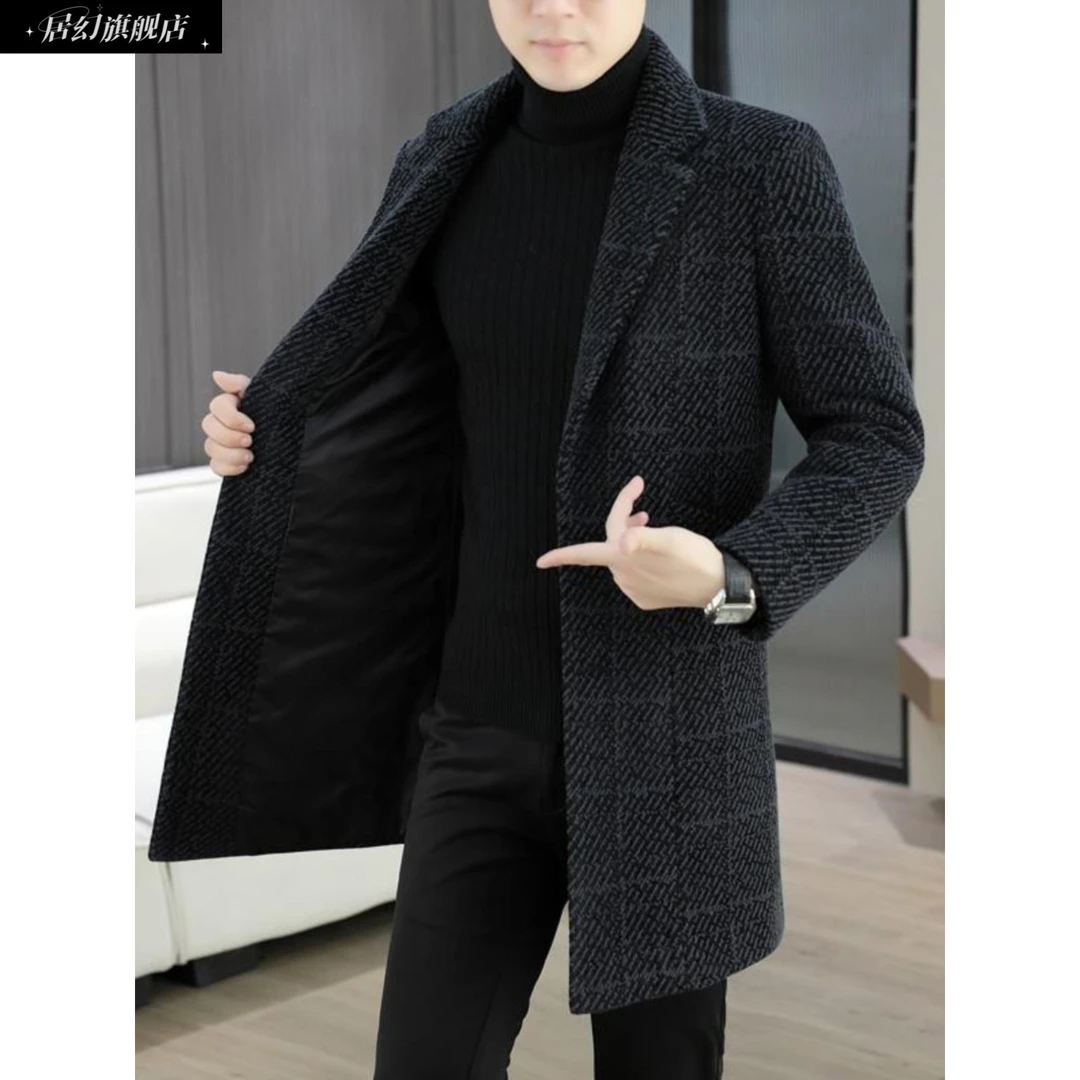 居幻毛呢大衣男士中长款2025秋冬季新款加棉加厚外套成熟英伦风衣