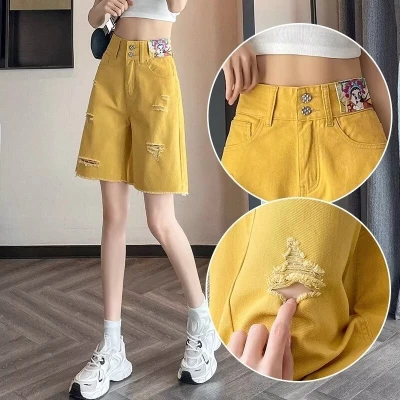 黄色2025年夏季新款牛仔裤女显瘦宽松阔腿直筒休闲百搭破洞五分裤