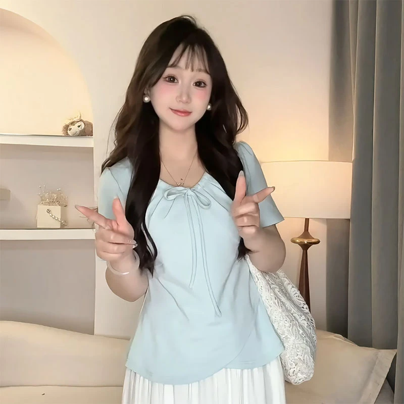 【6633】大码女装胖mm褶皱V领正肩短袖T恤夏季遮肉显瘦不规则上衣