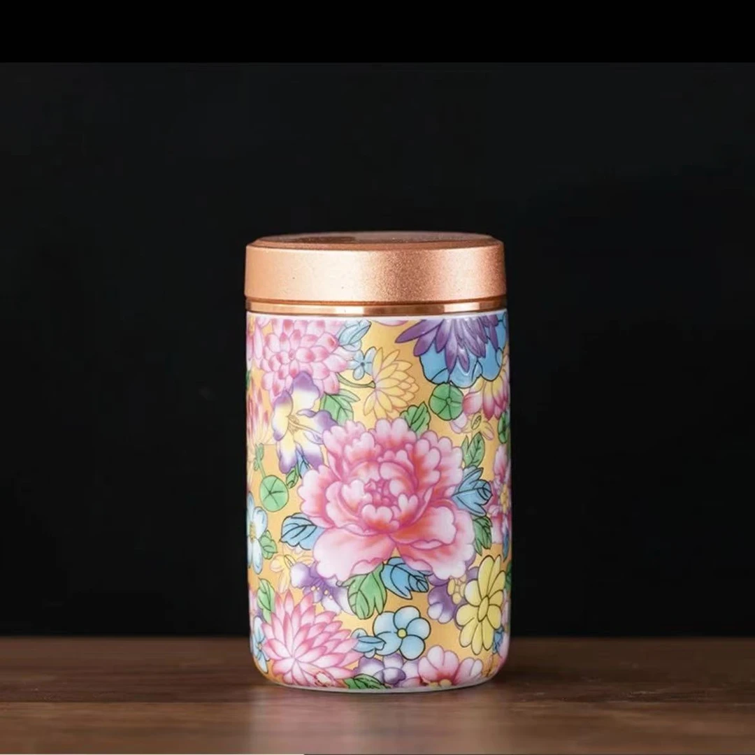 珐琅彩茶叶罐锡盖密封罐家用茶仓旅行便携陶瓷直筒储存罐迷你D253
