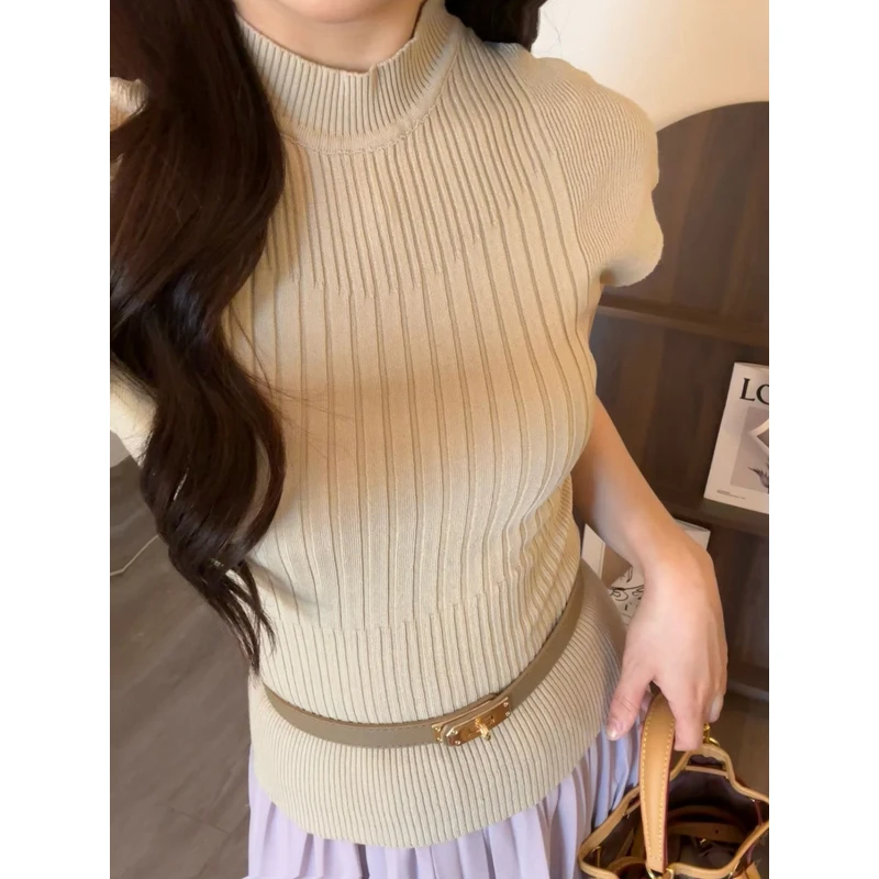 6132# （配腰带）圆领短袖针织T恤女夏季修身收腰内搭显瘦打底上