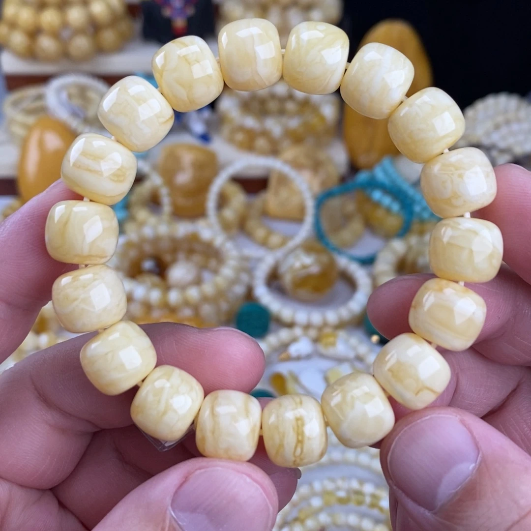 A***t蜜蜡未镶嵌手链瓷白细纹白蜡虎皮纹12.5mm