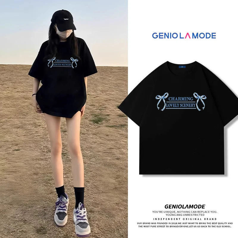 女款黑色短袖T恤夏季薄款纯棉t恤上衣新款美式宽松半袖休闲百搭