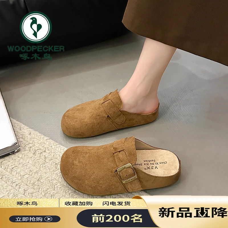 啄木鸟包头半拖鞋女2025新款秋季时尚外穿懒人百搭平底勃肯鞋