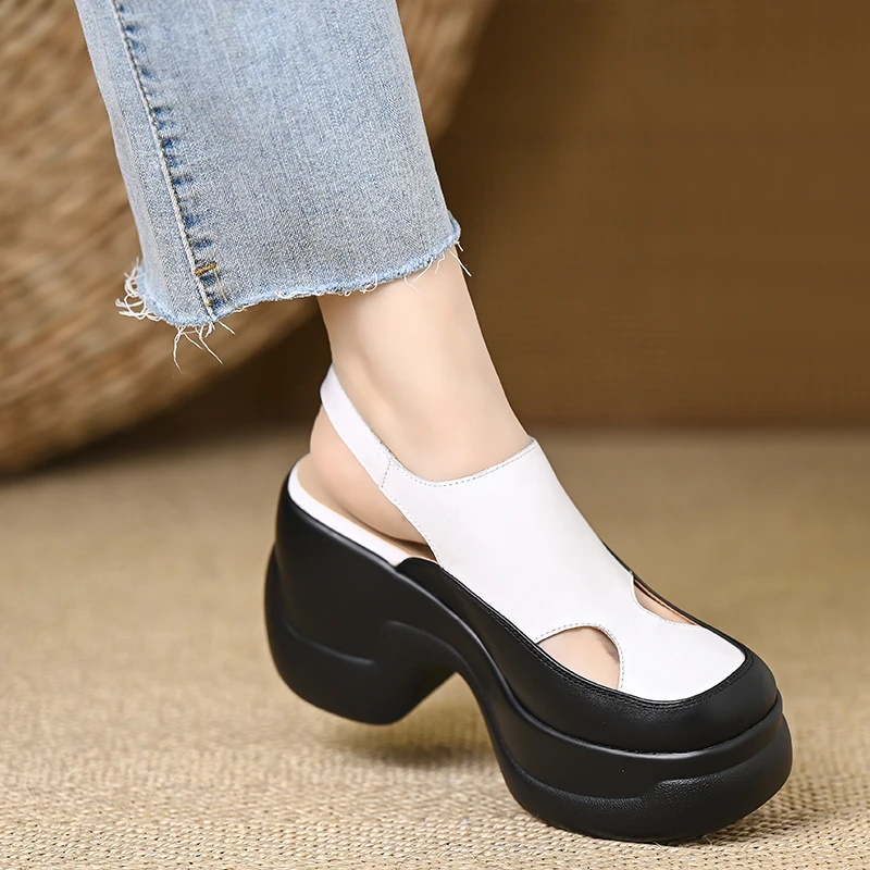 小个子增高8.5cm厚底凉鞋女拼色牛皮包头后空坡跟单鞋松糕罗马鞋