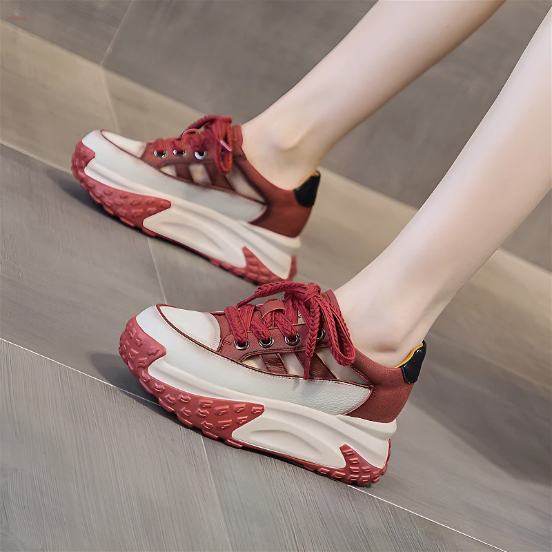 厚底凉鞋老爹鞋皮面镂空女2025夏季新款复古轻便内增高休闲运动鞋