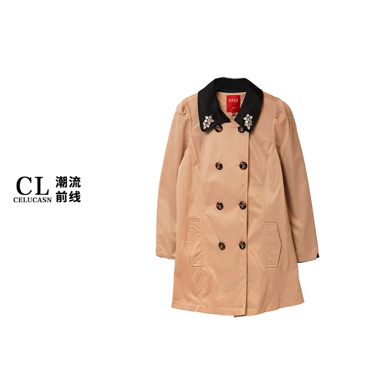 L4QB80540#秋冬新款中长款风衣撞色双排扣棉服外套修身女