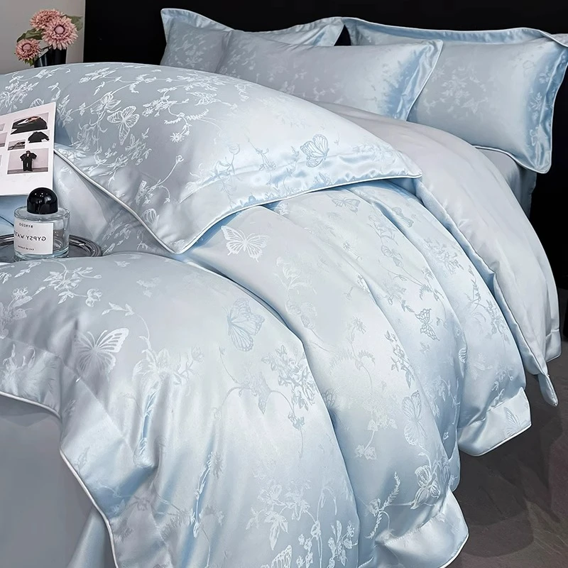 轻奢水洗真丝提花床上四件套欧式绣花纯色双面凉感丝滑单人三件套