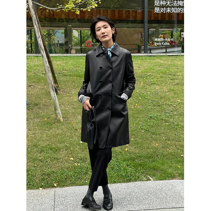 LANGQING 黑色绵羊皮英伦风中长款真皮高级感长款皮衣42573#