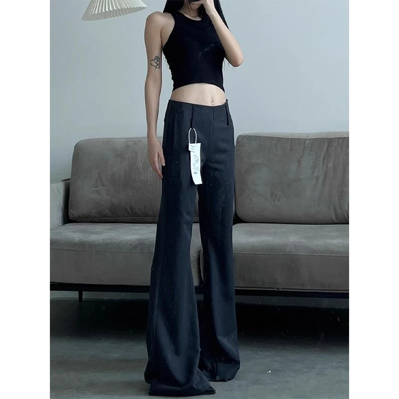 黑色微喇西装裤女夏季窄版直筒裤修身显瘦喇叭裤子拖地长裤