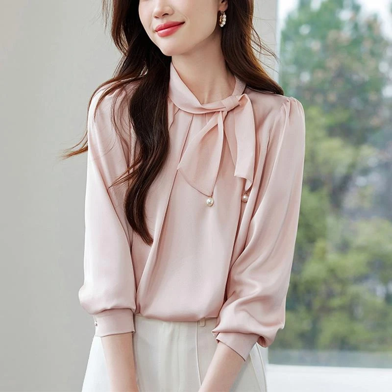 法式高级感蝴蝶结长袖衬衫女款春装2025新款缎面垂感显瘦职业上衣