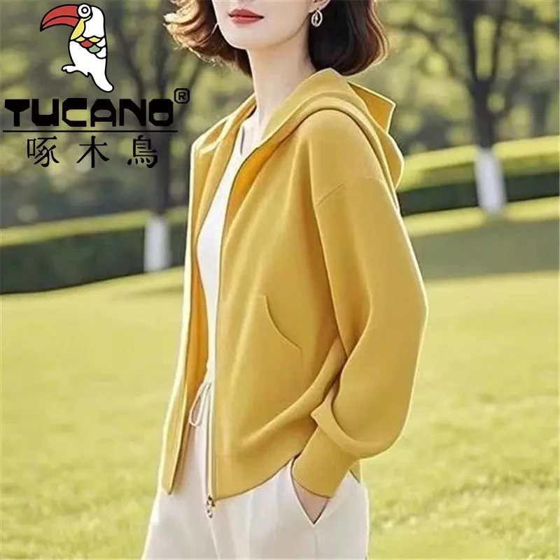 啄木鸟纯棉大码宽松卫衣洋气外套女秋冬纯色连帽上衣中老年妈妈装