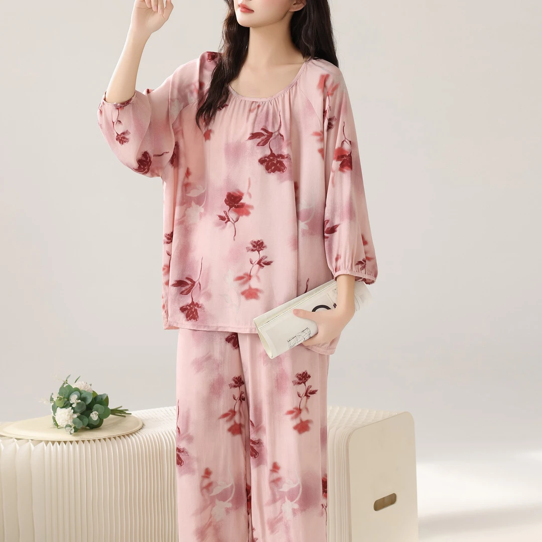 新款棉绸慵懒风睡衣女人棉长裤子套装国风宽松家居空调服外穿春夏