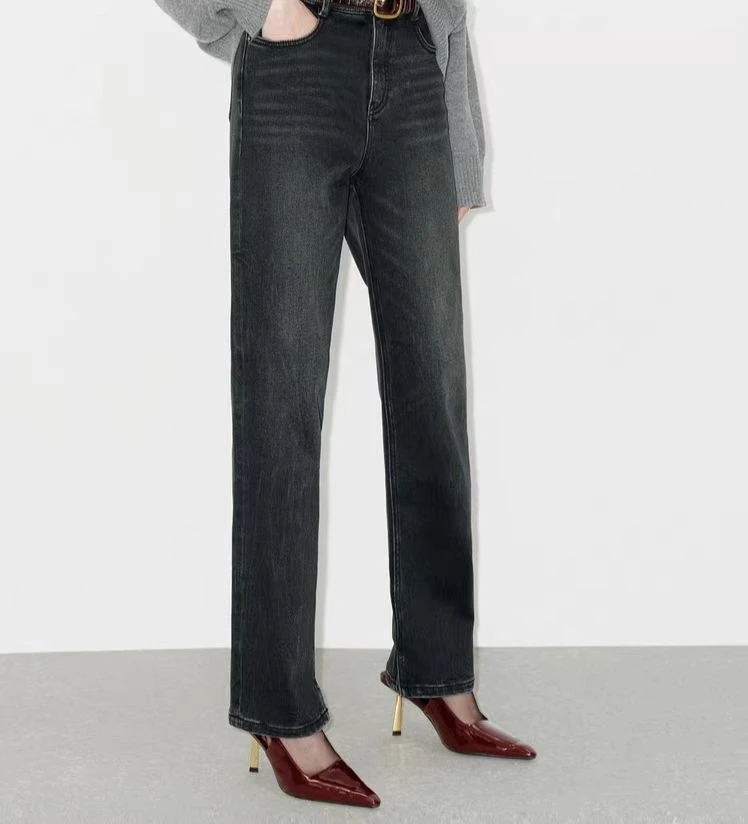 C178 高腰烟灰植绒牛仔烟管裤九分裤