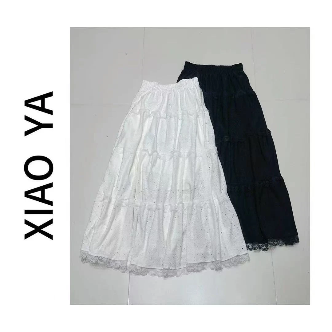 8808春季新款简约松紧腰拼接蕾丝镂空百搭半身裙