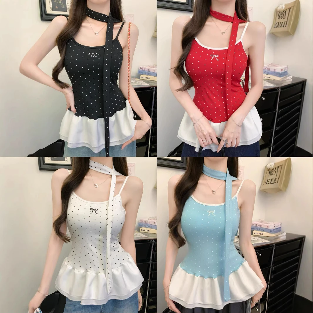 5503#夏蝴蝶结叠穿荷叶边屁帘修身上衣甜辣妹风波点吊带带胸垫