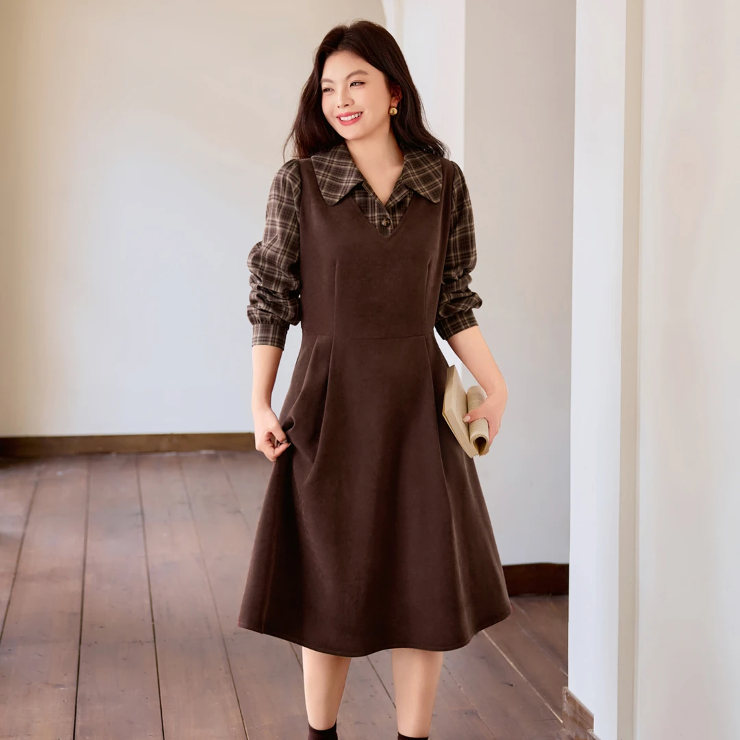 【假两件磨毛格纹连衣裙】MsShe大码女装2025秋拼接长裙女F2509010