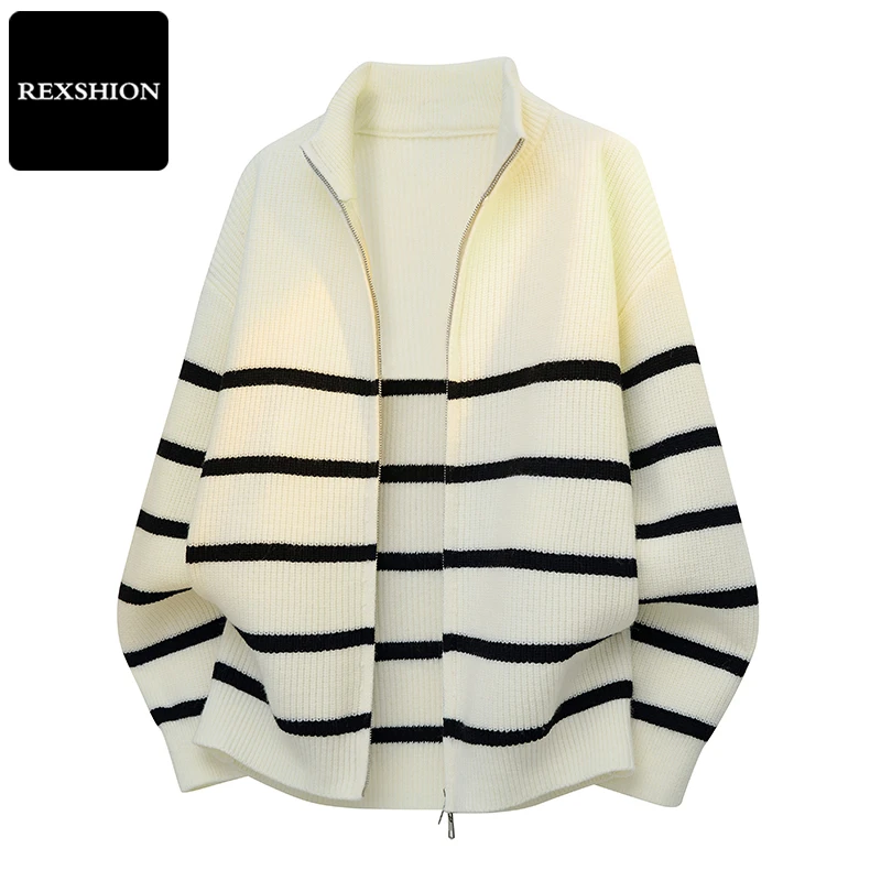REXSHION秋季新款半高领针织衫男美式潮流休闲条纹打底衫拉链外套